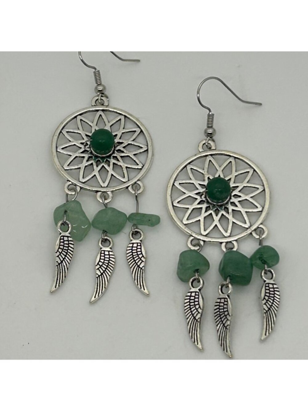 Green Aventurine Dreamcatcher Dangle Drop Earrings Silver Tone Boho Wing Charm